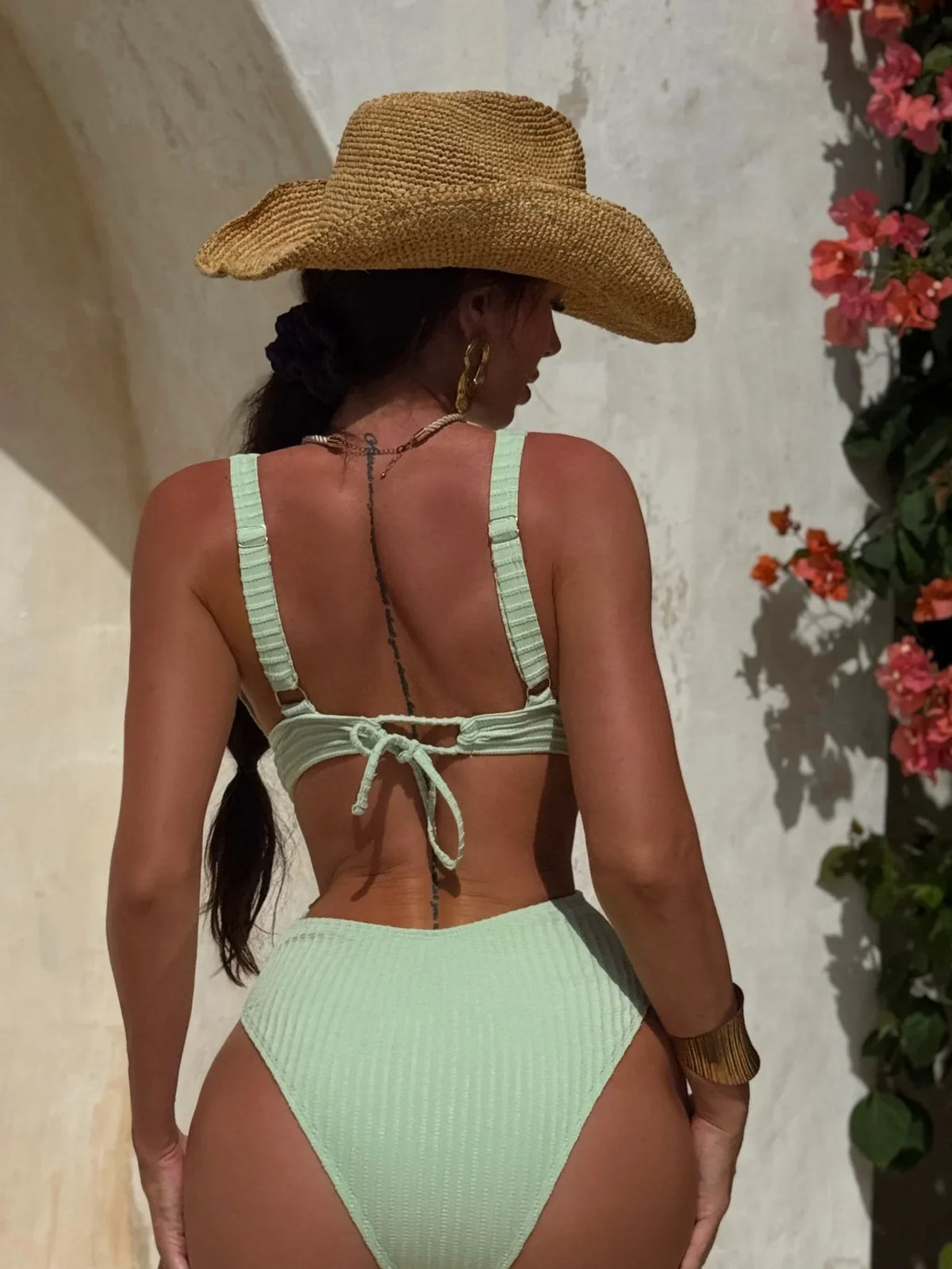 Striped Deep V Neck Cut Out Female Swimwear One Piece Swimsuit Women High Leg Cut Monokini Backless Bathing Suit Swim Bodysuit