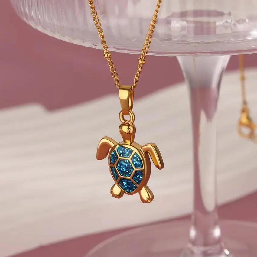 Colored Turtle Pendant Necklace for Women Summer Beach Female Charm Necklace Beads Chain Cute Stainless Steel Jewelry collar