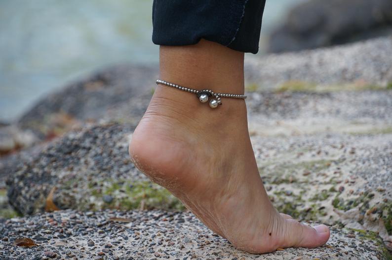 Boho Silver Anklet White Beaded Adjustable Beach Jewelry