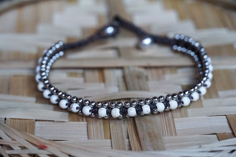 Boho Silver Anklet White Beaded Adjustable Beach Jewelry