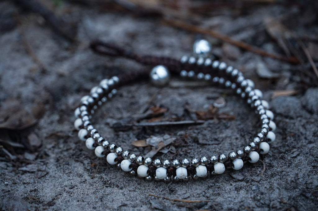 Boho Silver Anklet White Beaded Adjustable Beach Jewelry