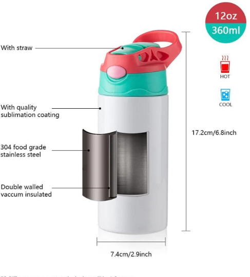 12oz Blank Sublimation Sippy Cup White Straight Stainless Drinking Tumbler Sport Water Bottles with Handle