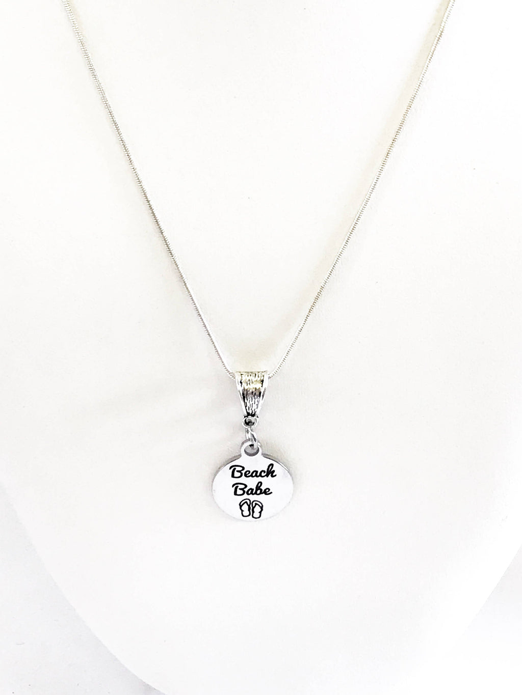 Beach Babe SS Engraved Pendant Necklace, Beach Lover Gift, Spring Jewelry Gift For Her, Summer Fun Jewelry, Girlfriend Trip Gift, Wife Gift