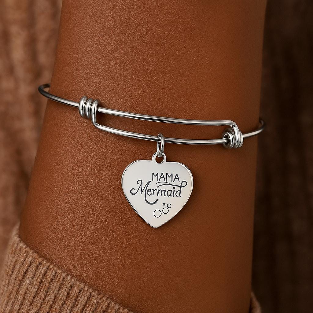 Mama Mermaid Stainless Steel Bracelet Heart Charm Mermaid Jewelry Adjustable Bangle Ocean Theme Gift For Mom Beach Inspired Jewelry
