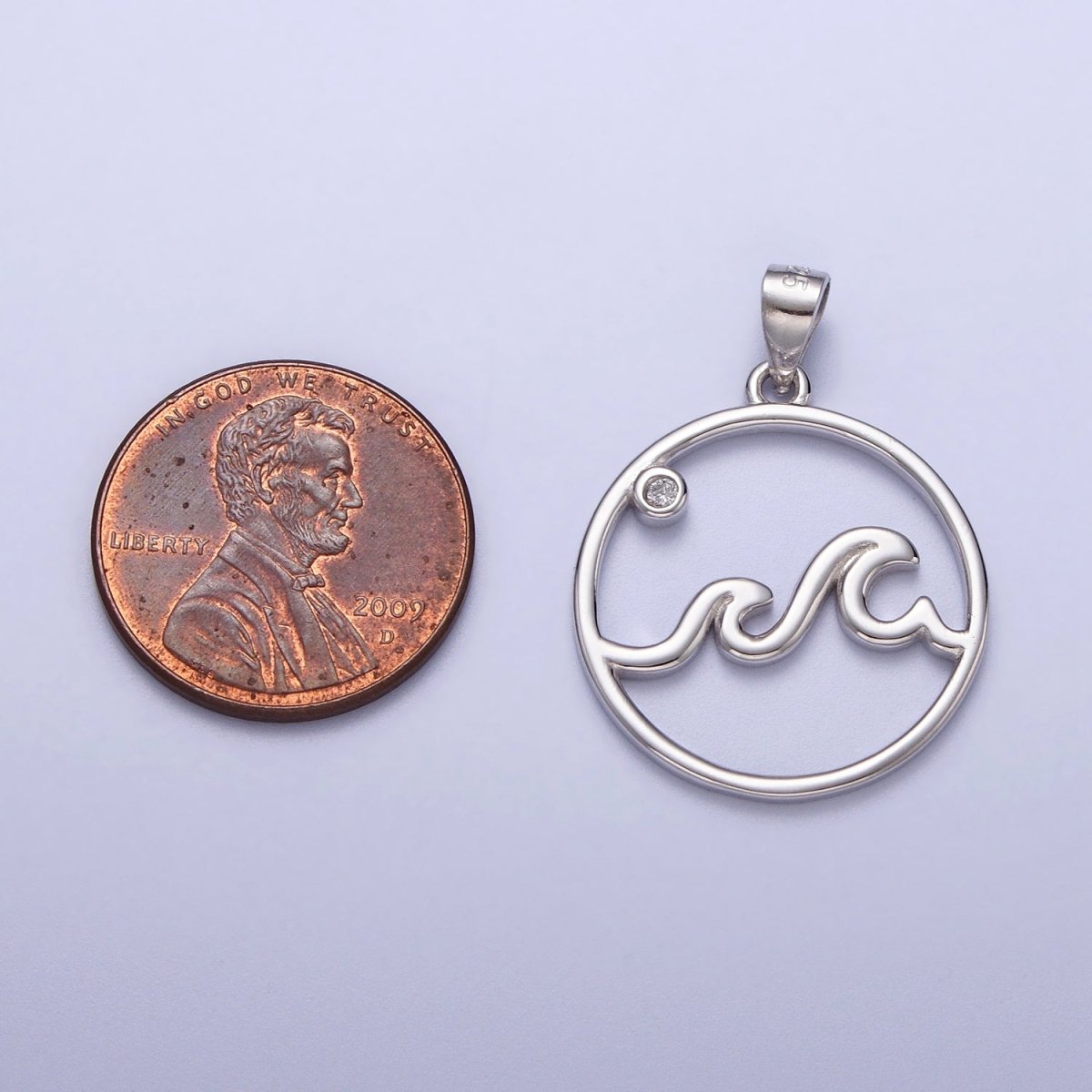 OS Sterling Silver Ocean Wave Charm with Micro Pave Water Beach Pendant SL-402