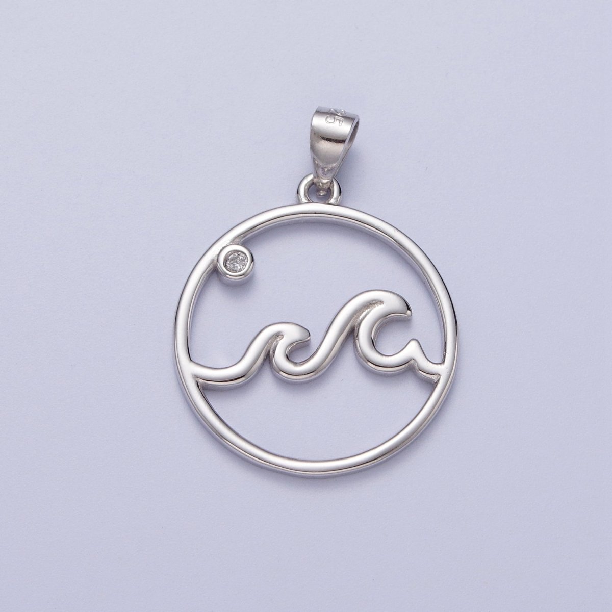 OS Sterling Silver Ocean Wave Charm with Micro Pave Water Beach Pendant SL-402