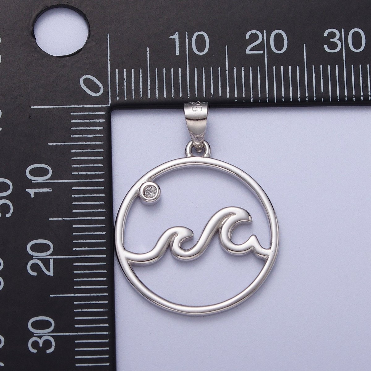 OS Sterling Silver Ocean Wave Charm with Micro Pave Water Beach Pendant SL-402