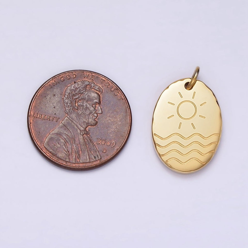 Stainless Steel Celestial Sun Sea Ocean Beach Engraved Oval Charm | P1236