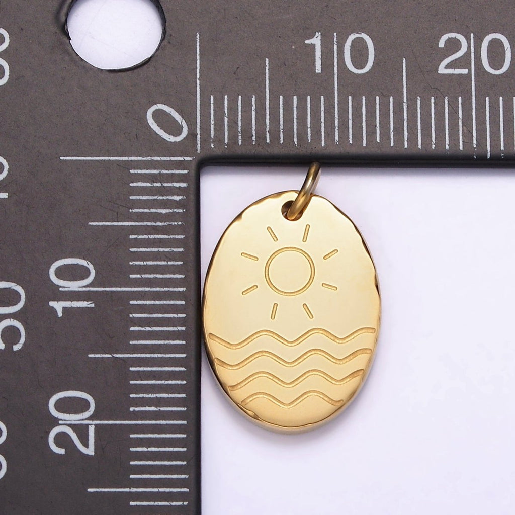Stainless Steel Celestial Sun Sea Ocean Beach Engraved Oval Charm | P1236