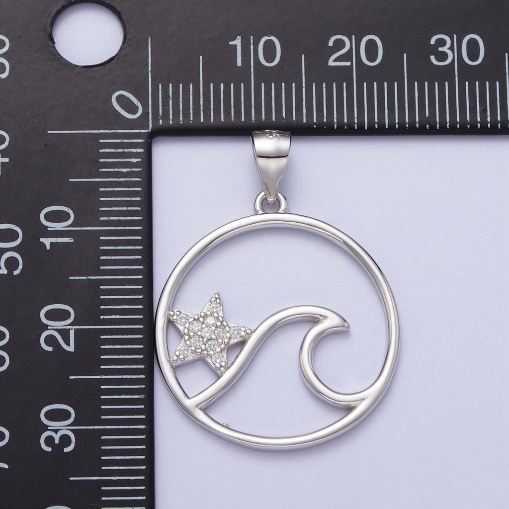 Sterling Silver Star Fish Ocean Wave Charm Micro Pave CZ Under The Sea Water Beach Pendant SL-404